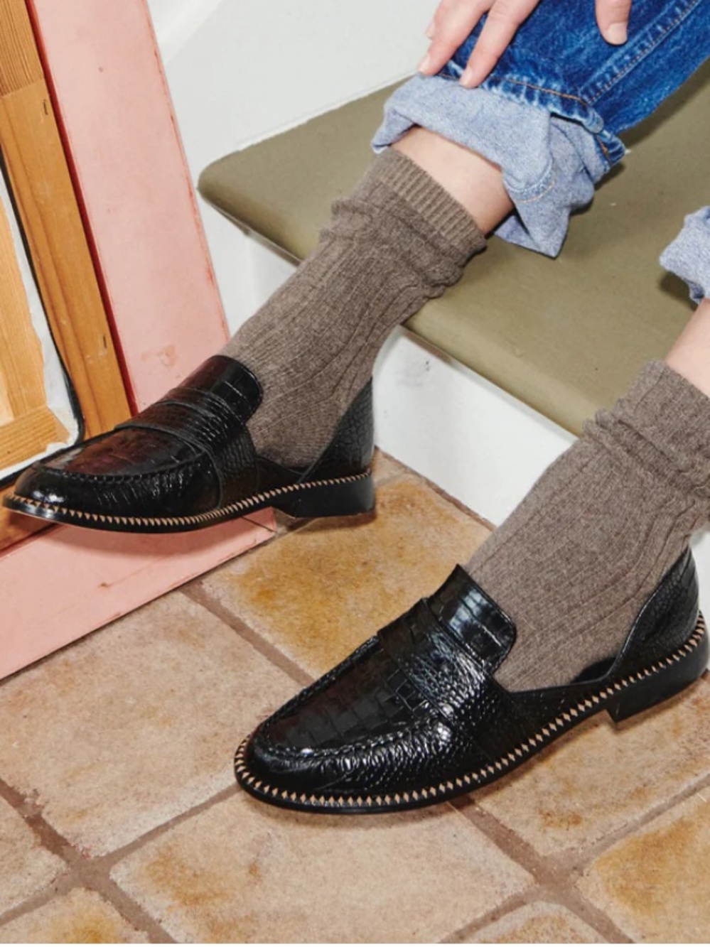 Black Croc-Embossed Leather Women’s Loafers